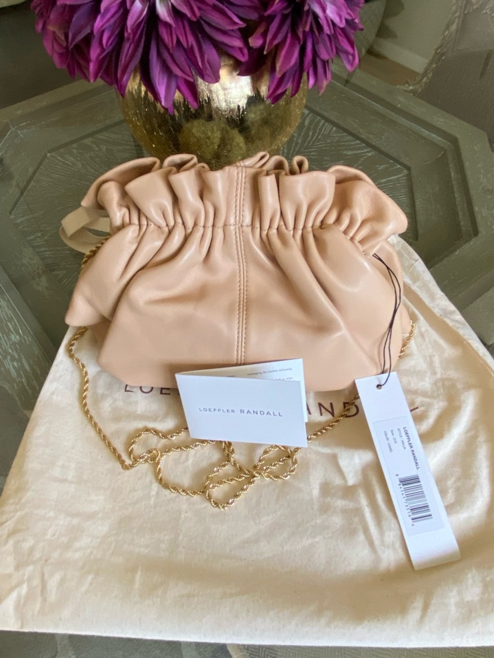 Loeffler Randall Blush Ruched Leather Drawstring Clutch with Gold Chain